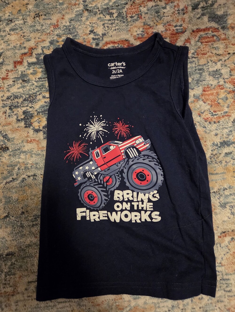 Carter's Navy Tank Top with Red & White Monster Truck and Fireworks